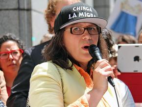 Maru Mora-Villalpando greets supporters after winning a stay of removal